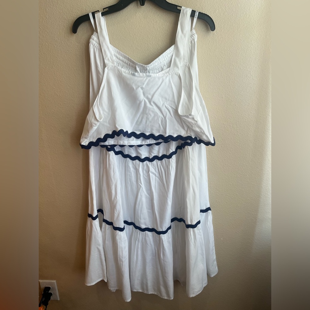 Elegant White and Blue Trim Dress